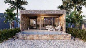A modern building with a pool, outdoor seating, and palm trees. - Shah Palace Zanzibar (Matemwe)