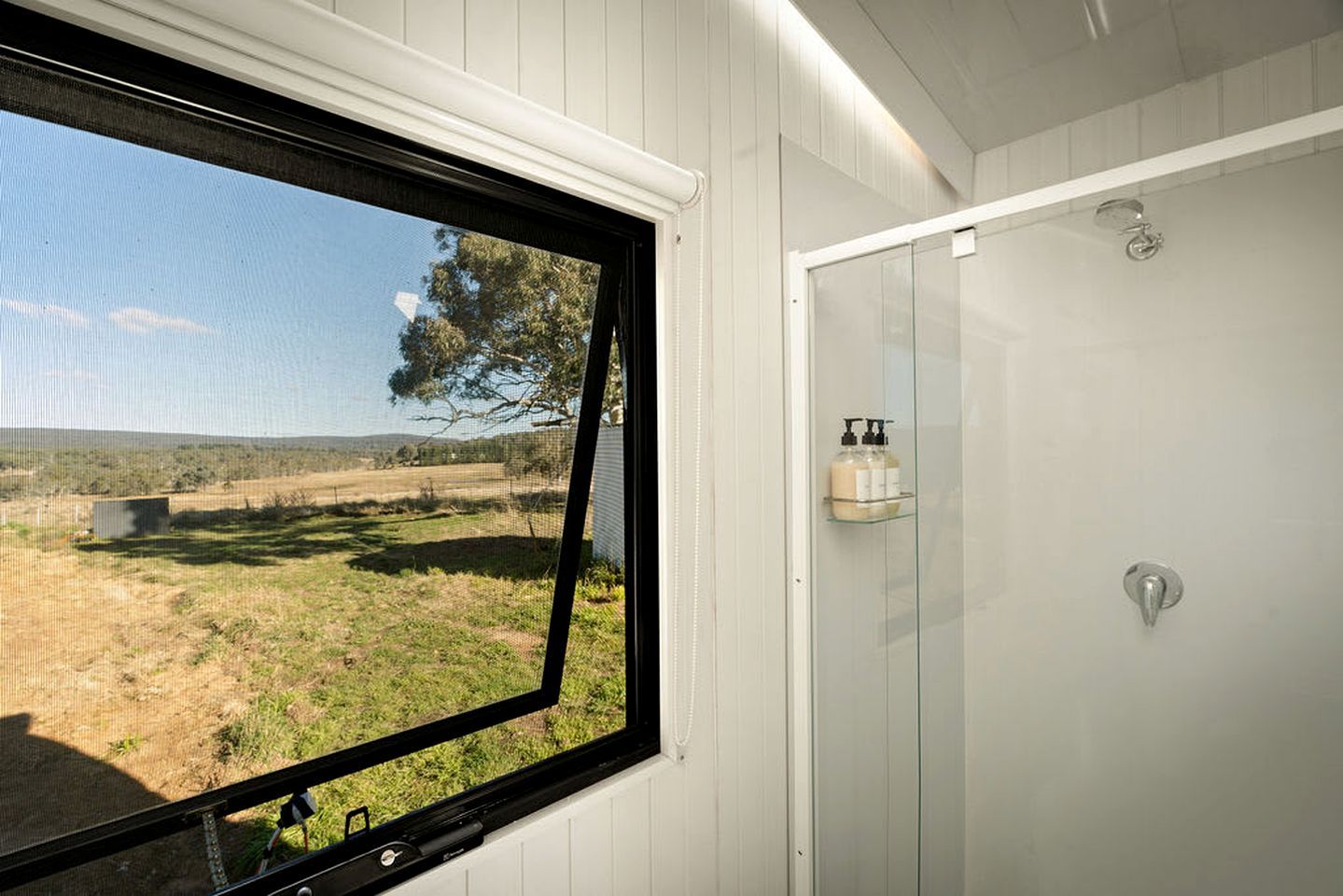 Une salle de bain avec une fenêtre donnant sur un paysage rural, une douche avec une porte en verre et une étagère contenant des articles de toilette.