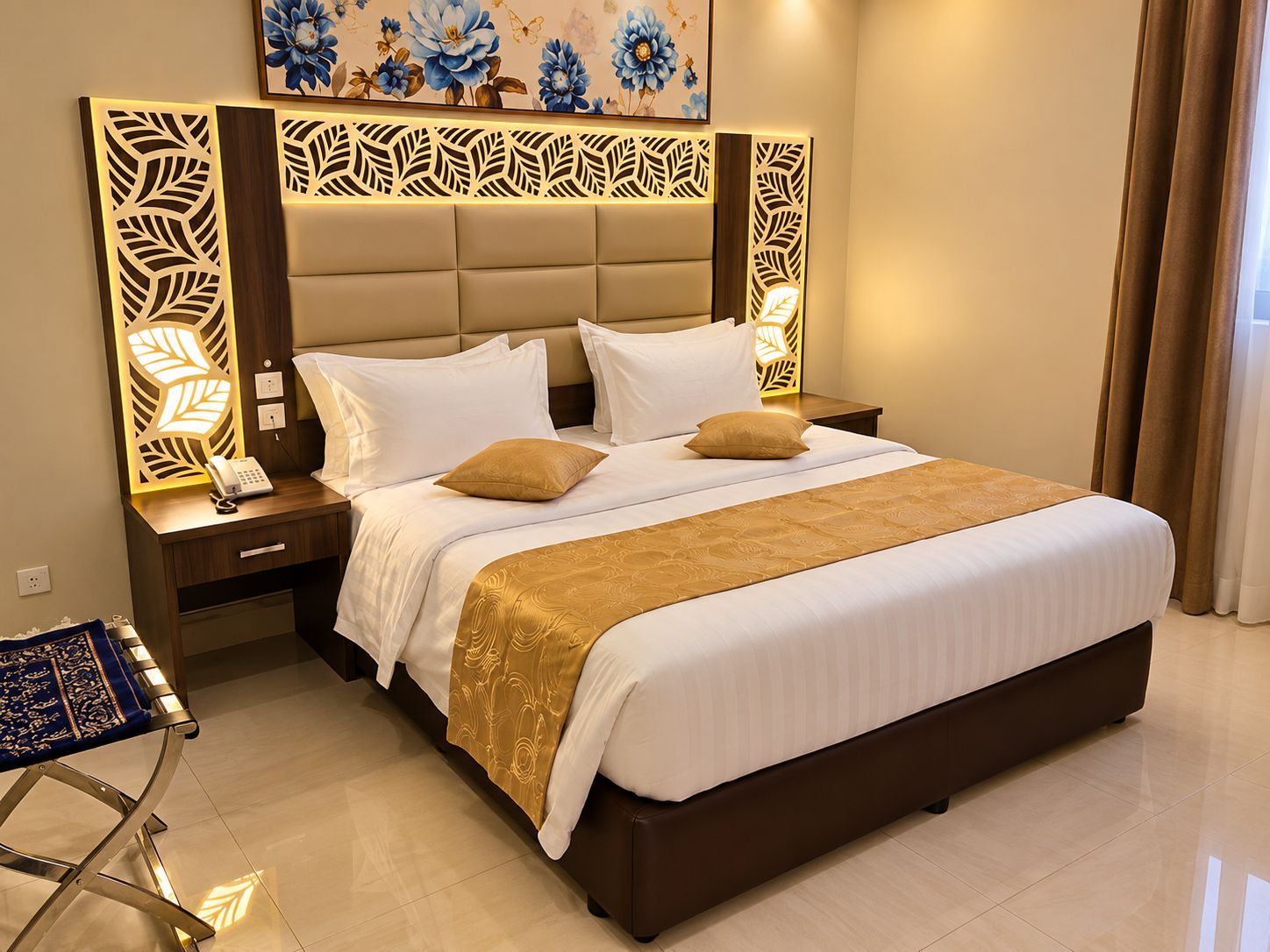 A hotel room with a large bed, a bedside table with a phone, a decorative headboard, and a painting on the wall.