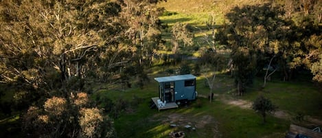 A remote, single-story cabin with a porch, surrounded by dense woodland.