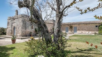 A stone building with a rustic appearance, a tree in the foreground, and a well-maintained lawn.
