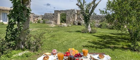 Mesa de piquenique ao ar livre com comida e bebidas, cercada por vegetação e ruínas históricas ao fundo.
