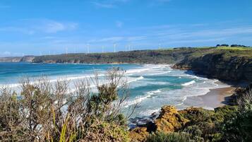 Eine Küstenlandschaft mit Strand, Meereswellen und Windkraftanlagen in der Ferne.