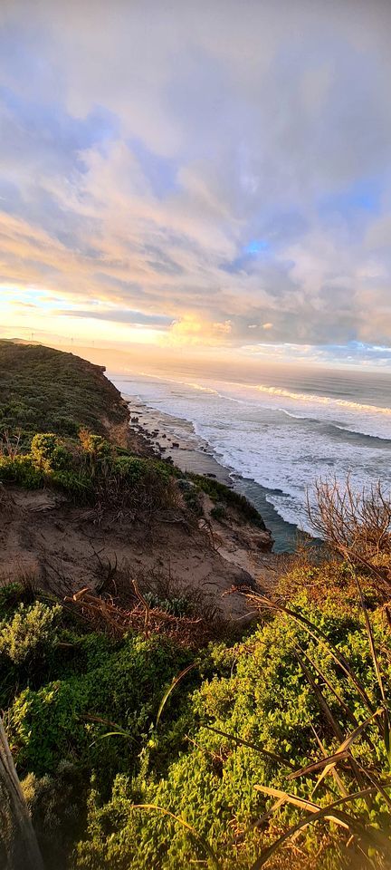A coastal landscape with a beach, vegetation, and a cloudy sky.