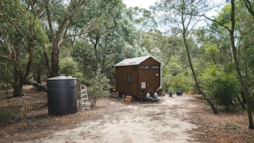 Une cabane rustique au sol en terre, entourée d’arbres.