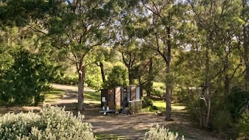 A small, single-story cabin with a door and windows, surrounded by dense trees and shrubs.