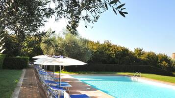 A swimming pool with lounge chairs and umbrellas, surrounded by greenery.
