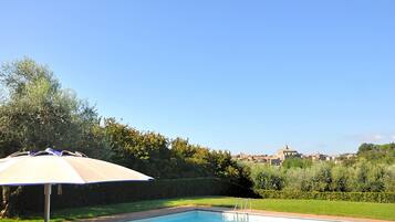 A swimming pool with a clear blue sky, a hedge, and a distant view of buildings.