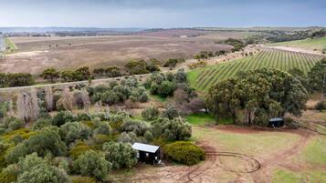 A rural landscape with a small building surrounded by trees and fields.
