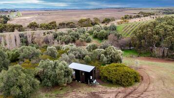 A rural landscape with a small cabin surrounded by dense vegetation and fields.