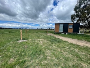 A small cabin with a window and a door, situated in a grassy field with a dirt path leading to it.