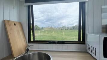 A kitchen with a window, a sink, a cutting board, and a microwave.