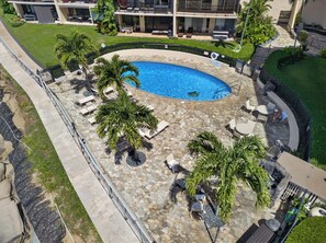 A swimming pool with lounge chairs and palm trees, surrounded by a stone patio. - New Luxury Retreat  Vast Ocean Views & Huge Lanai (Lahaina)