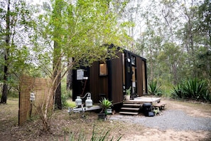 A small, dark wooden cabin with a porch, surrounded by trees and vegetation.