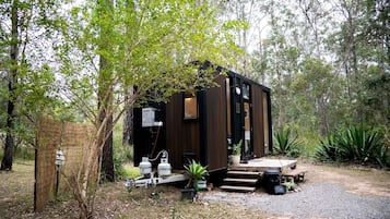 A small, dark wooden cabin with a porch, surrounded by trees and vegetation.