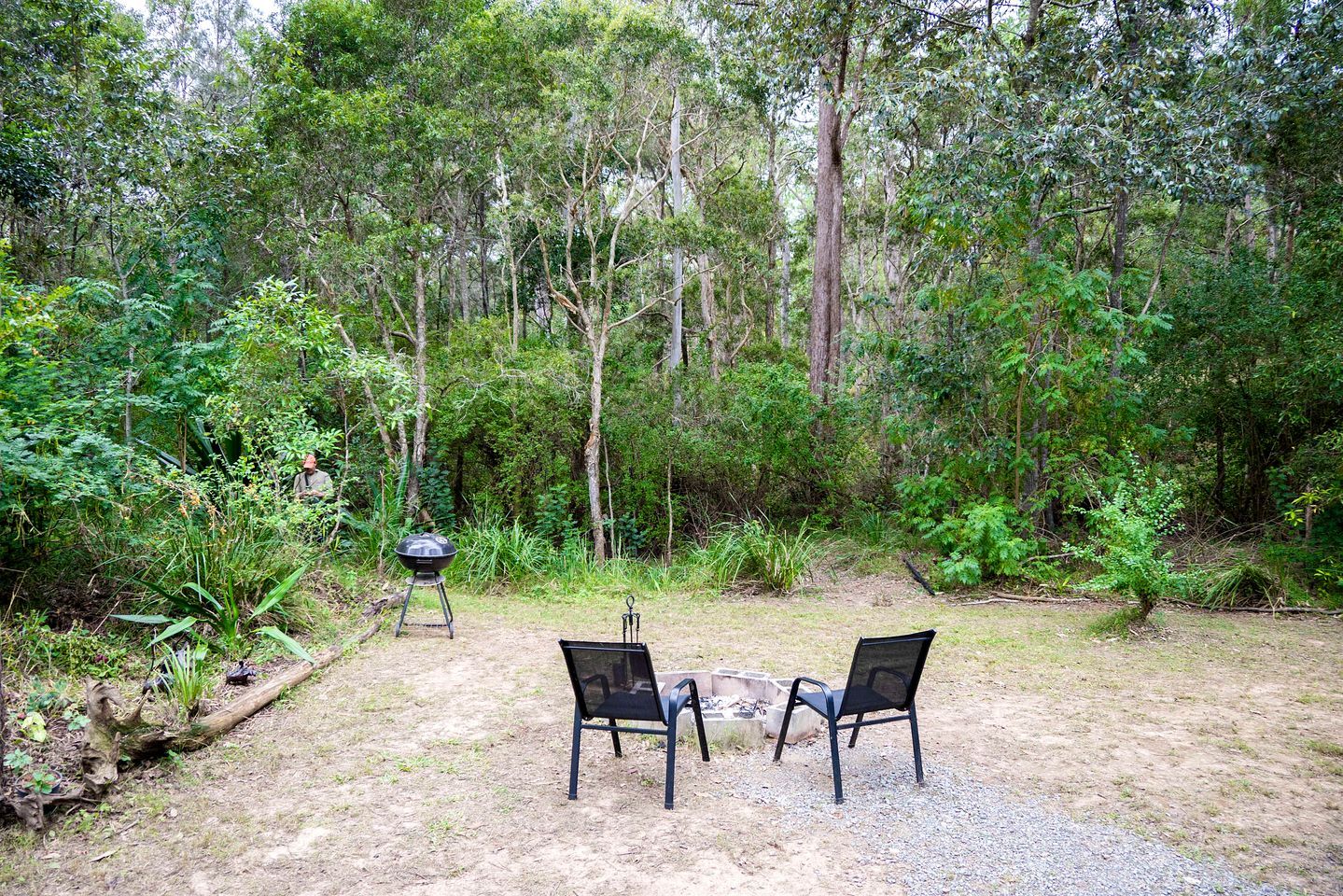 Een terras buiten met twee stoelen en een barbecue, omgeven door dicht bos.
