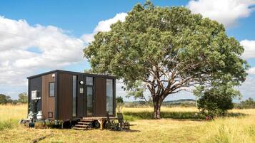 Une petite cabane moderne dotée d’une porte coulissante, située dans un champ verdoyant, à proximité d’un grand arbre.