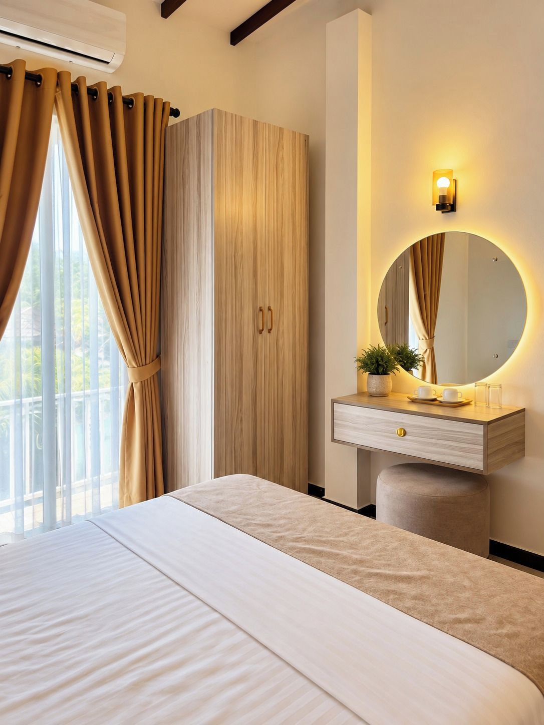 A hotel room with a bed, a wardrobe, a vanity with a mirror, and a window with curtains.