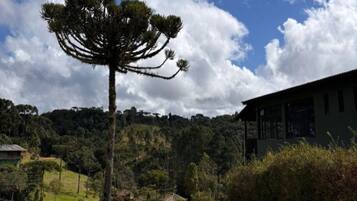 A building with a large tree in front, surrounded by greenery and hills in the background.