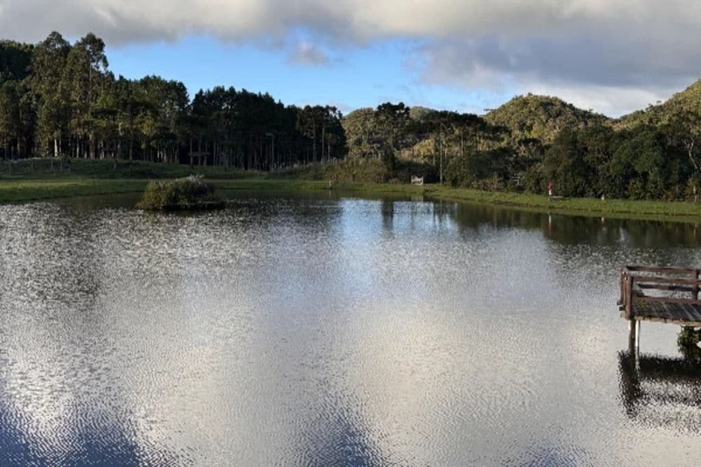 Un lago tranquilo con un muelle de madera que se adentra en el agua, rodeado de colinas boscosas.