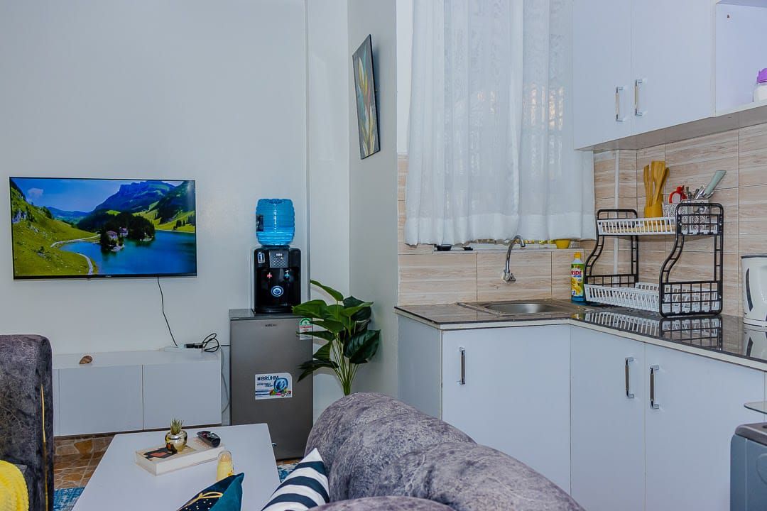 A compact living space with a sofa, a coffee table, a TV, a water dispenser, a kitchen area with cabinets and a sink, and a plant.