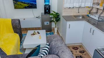 A living room with a sofa, a coffee table, and a TV. There is a kitchen area with a sink and cabinets.