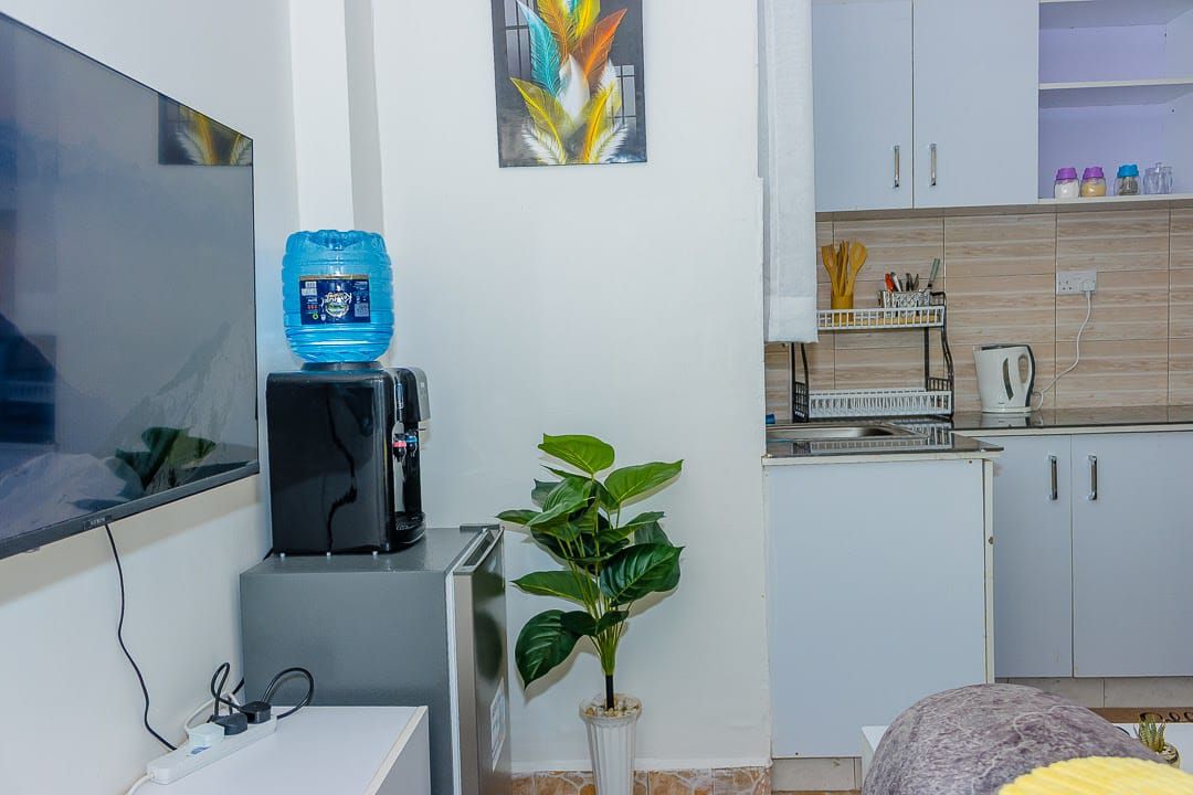 A compact living space with a flat-screen TV, a water dispenser, a small plant, and a kitchenette area.