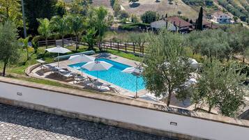 A swimming pool with sun loungers and umbrellas, surrounded by olive trees and a hilly landscape.