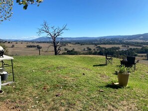 A grassy outdoor area with a table and chairs, a potted plant, and a view of distant hills.