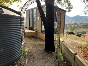 Une propriété résidentielle dotée d’un grand arbre, d’une cour clôturée et offrant une vue sur des collines lointaines.