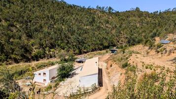 Una cabaña rústica y aislada con un camino de tierra que lleva a ella, rodeada de un bosque denso.