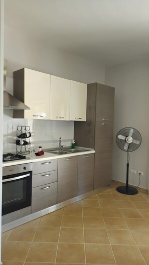 Een moderne keuken met een gasfornuis, oven en een inbouwafzuigkap.