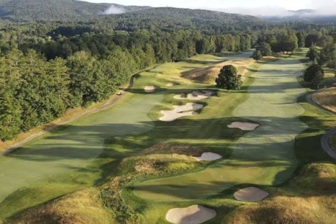 Ein Golfplatz mit Sandbunkern und einem bewaldeten Bereich.