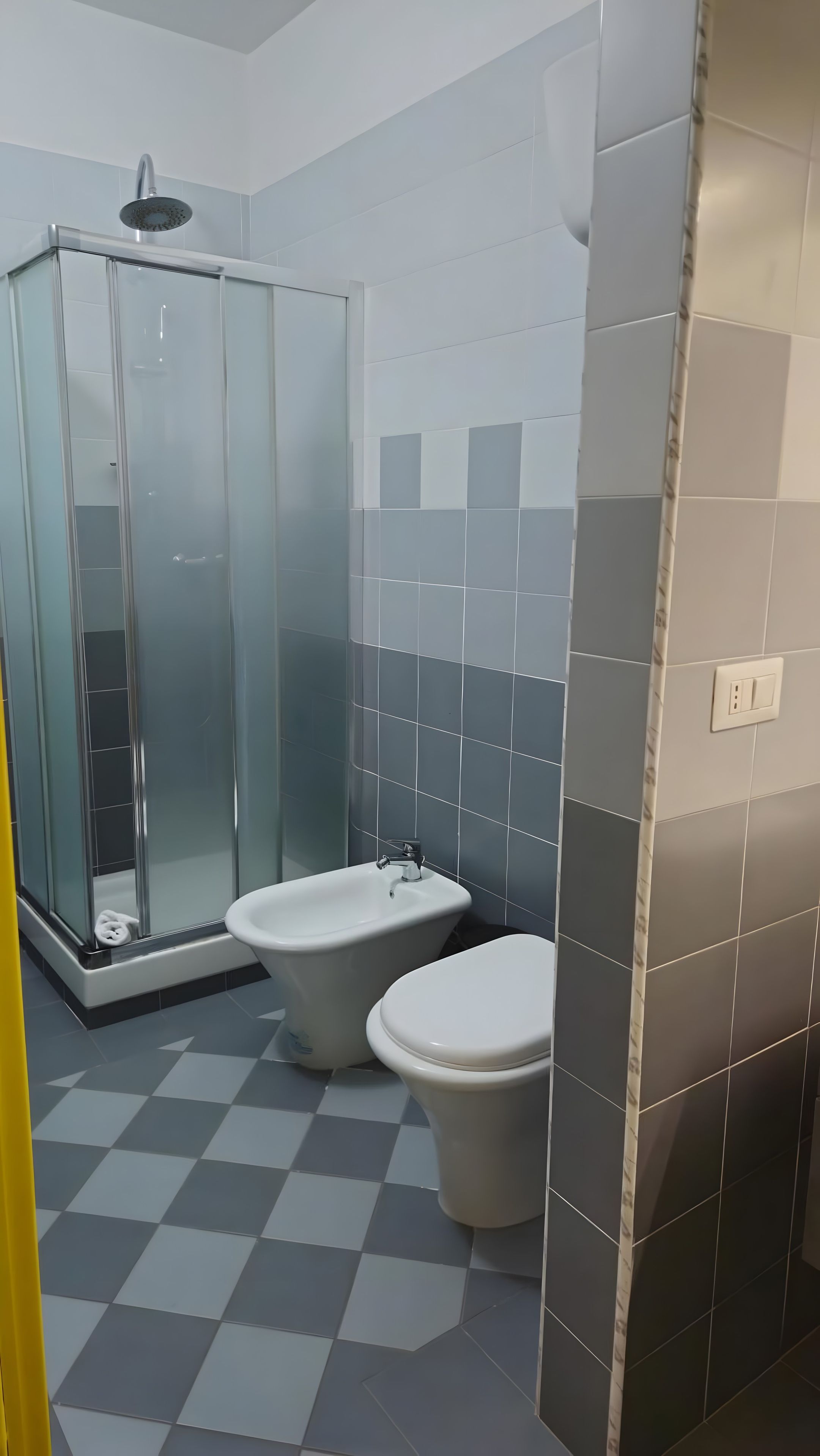 A bathroom with a glass-enclosed shower, a bidet, and a toilet.