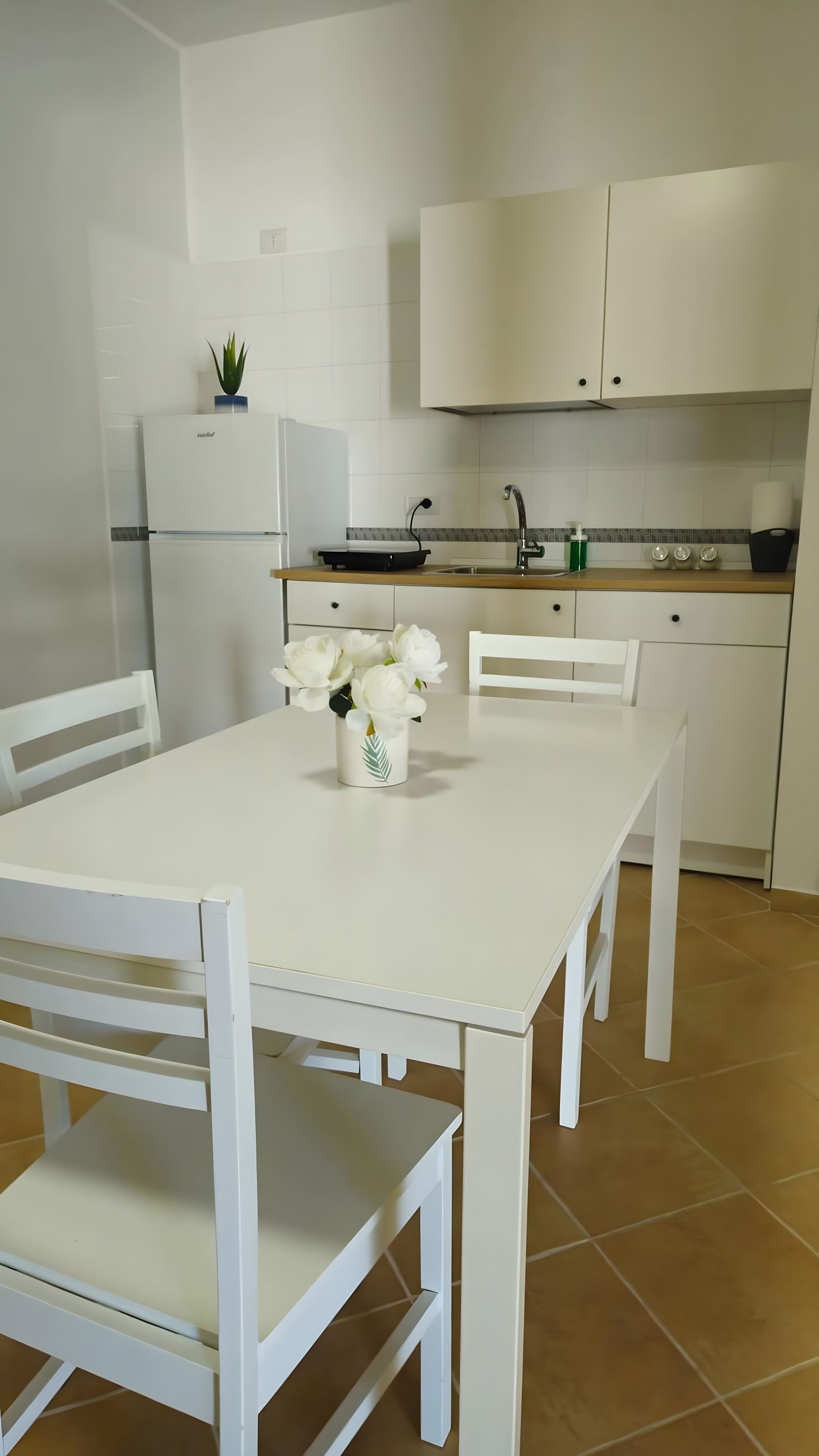 Una cocina moderna con armarios blancos, una mesa de comedor con sillas y una planta en maceta sobre la encimera.