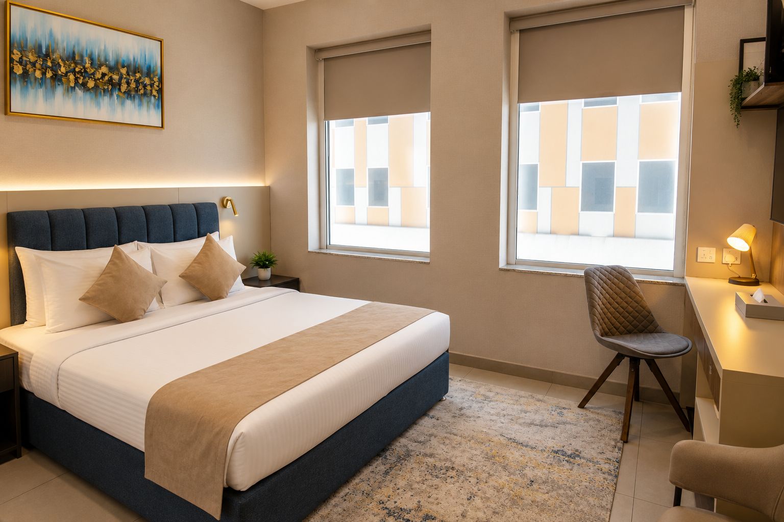 Ein Hotelzimmer mit einem großen Bett, einem Schreibtisch, zwei Fenstern mit Jalousien, einem Sessel und einem Gemälde an der Wand.