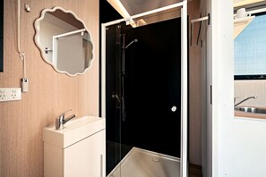 A modern bathroom with a sink, mirror, and shower.