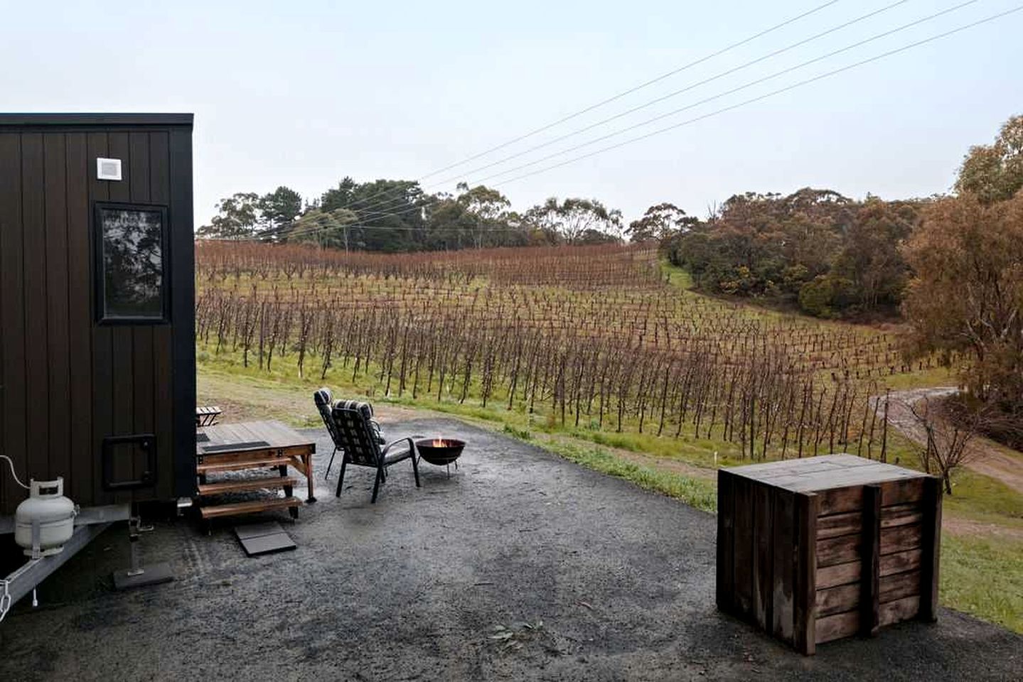 A rustic outdoor seating area with a table and chairs, a fire pit, and a view of a vineyard.