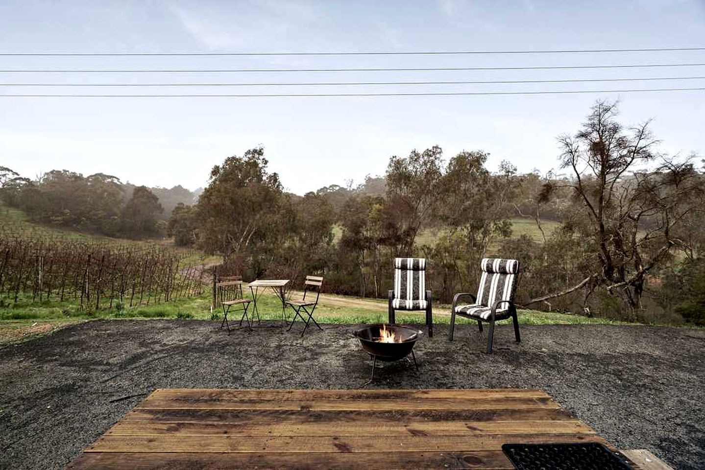 An outdoor seating area with a fire pit and chairs, surrounded by a vineyard and trees.