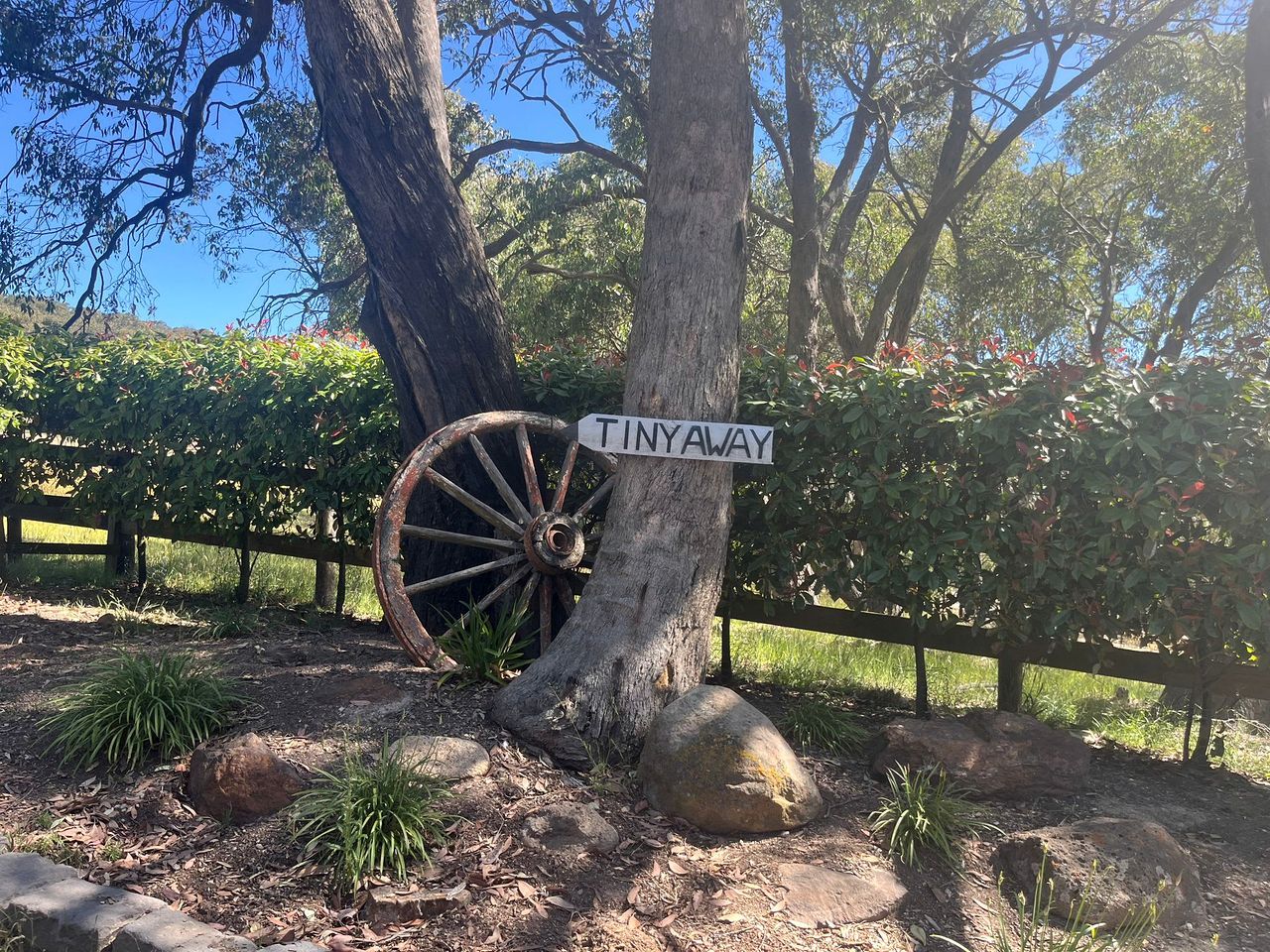 A rustic signpost with a vintage wagon wheel and a sign reading 'TINYAWAY' in a natural setting.