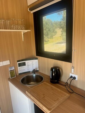 A kitchenette with a stainless steel sink, a black electric kettle, and a window with a view of greenery.