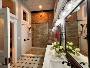 Un baño con ducha, tocador con espejo y una planta en maceta.