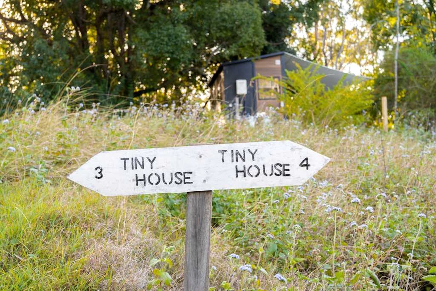A directional signpost with 'Tiny House 3' and 'Tiny House 4' pointing in different directions.
