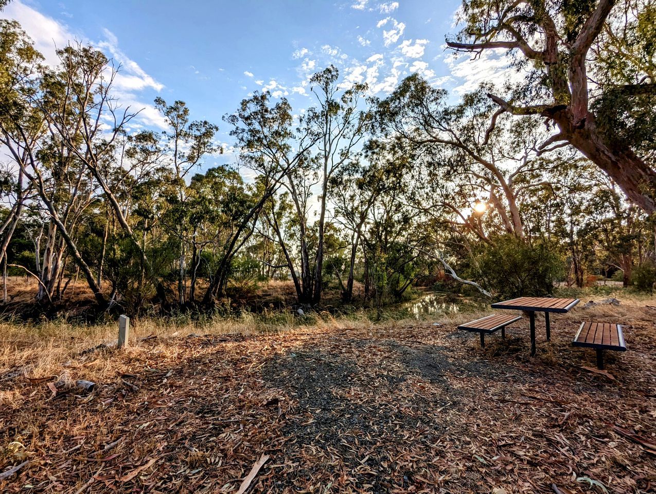 An outdoor area with picnic tables and a natural landscape.