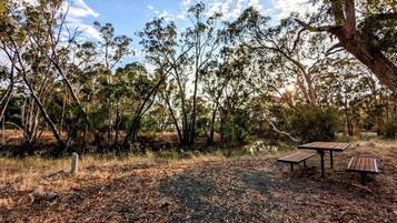 An outdoor area with picnic tables and a natural landscape.