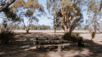 A picnic table in a natural setting with trees and a clear sky.