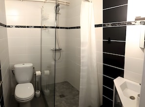 Une salle de bain moderne avec une douche à parois de verre, des toilettes et un lavabo.
