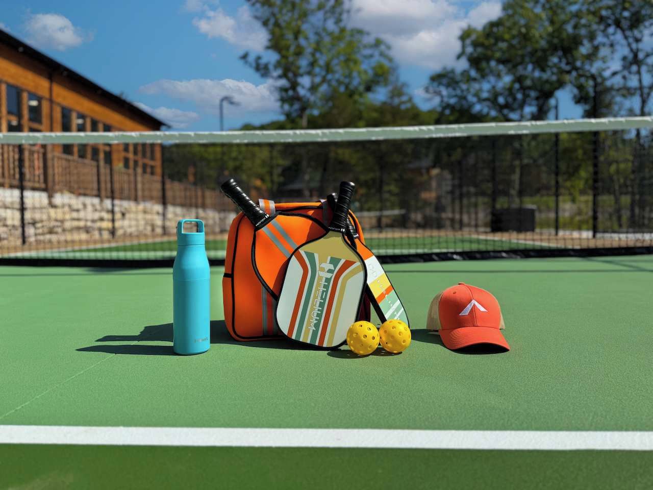 En tennisplan med en väska, en keps och två tennisbollar.