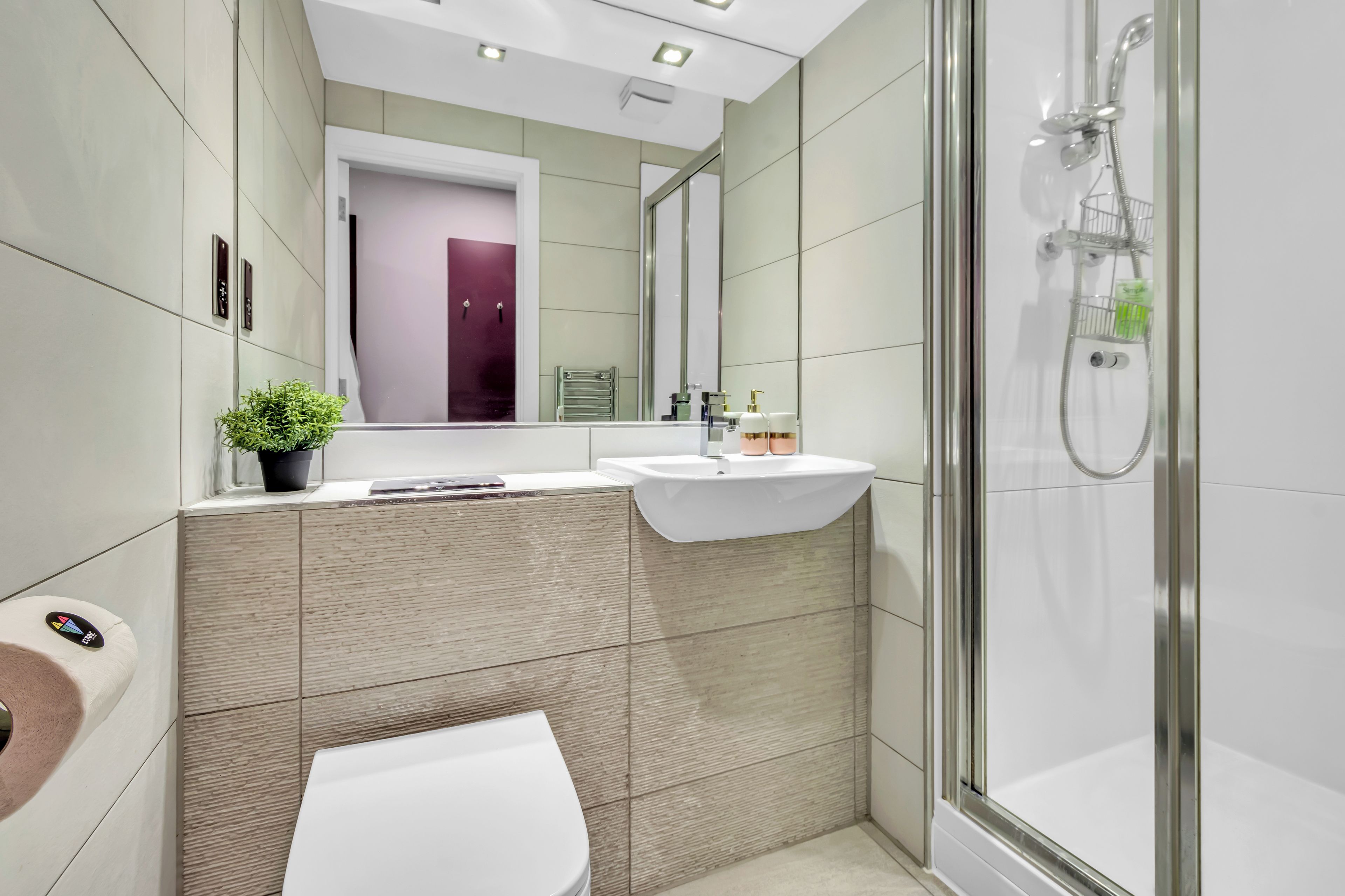 A modern bathroom with a glass shower enclosure, a white sink, and a toilet.