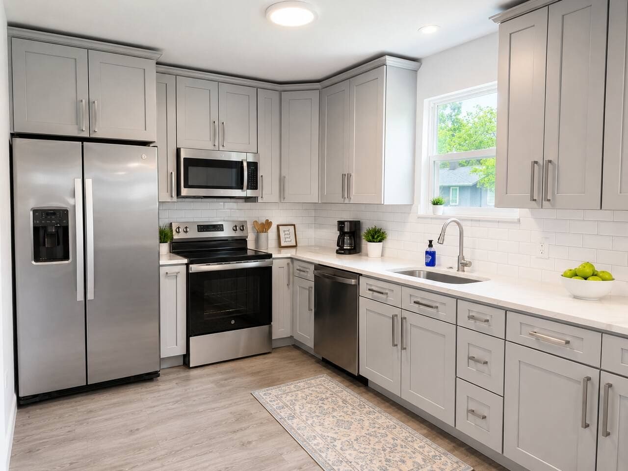 A modern kitchen with stainless steel appliances, white cabinetry, and a window providing natural light.